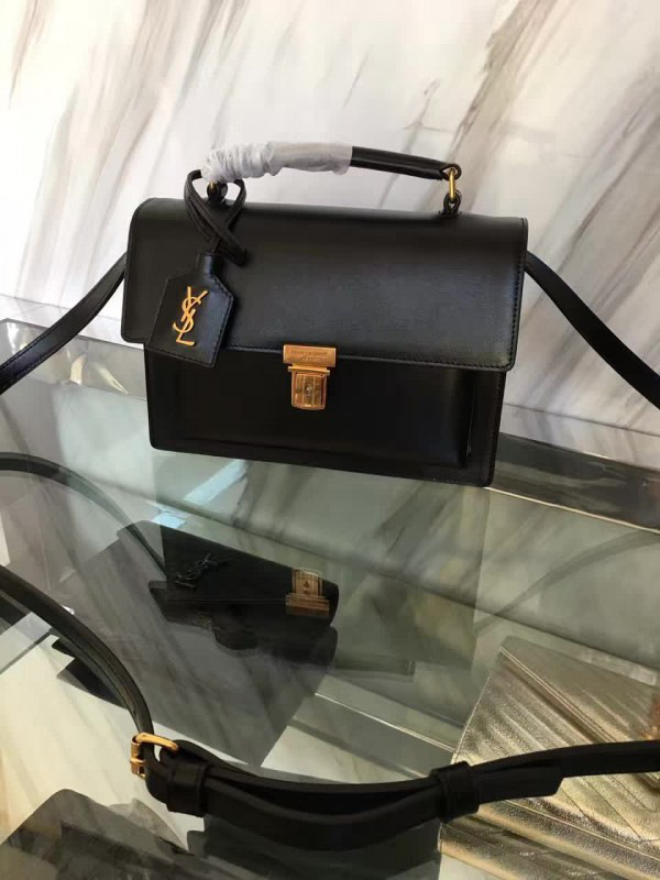y51 Sa1nt Lau*nt black leather medium high school satchel bag 5114 22cm x 8cm x 16cm
