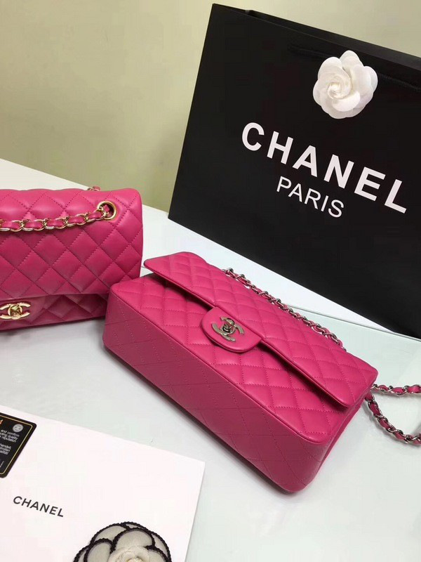 Ch**el classic flap bag rose red lambskin leather sliver&gold chain 25cm