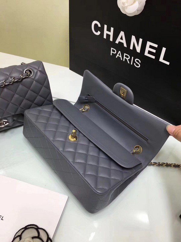 Ch**el classic flap bag grey caviar leather sliver&gold chain 25cm