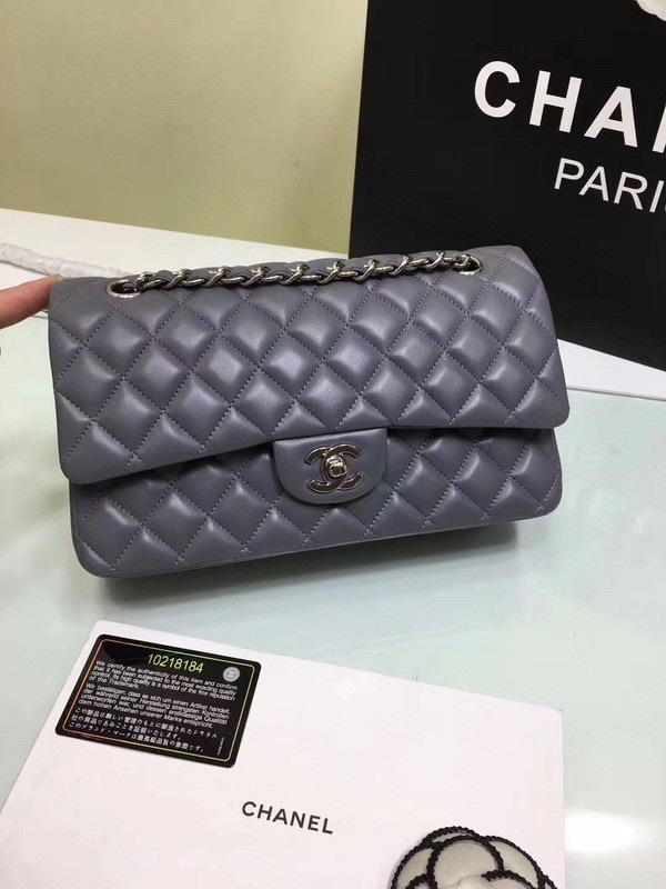 Ch**el classic flap bag grey caviar leather sliver&gold chain 25cm