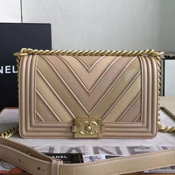 Ch**el chevron quilted medium boy bag beige