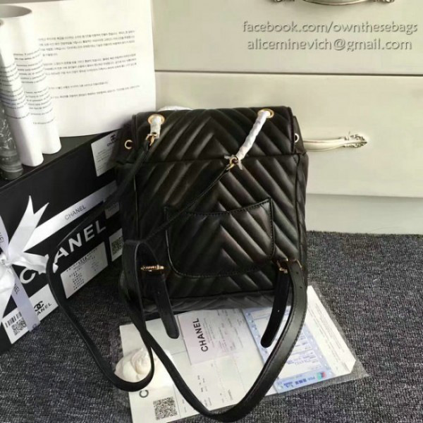 Ch**el chevron lambskin backpack black gold hardware