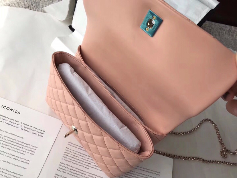 Ch**el flap bag with top handle pink 21cm