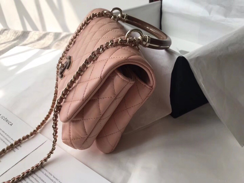 Ch**el flap bag with top handle pink 21cm