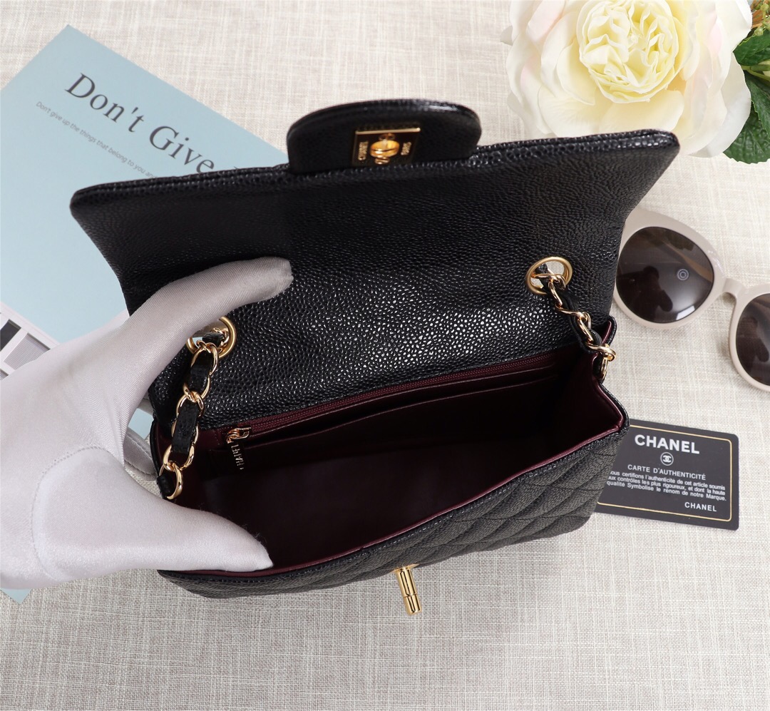 Ch**el flap bag caviar lambskin leather black gold chain 20cm