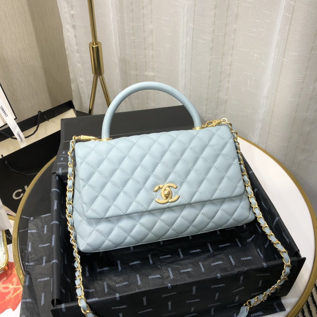 Ch**el maxi flap bag with top handle cornflower 28cm