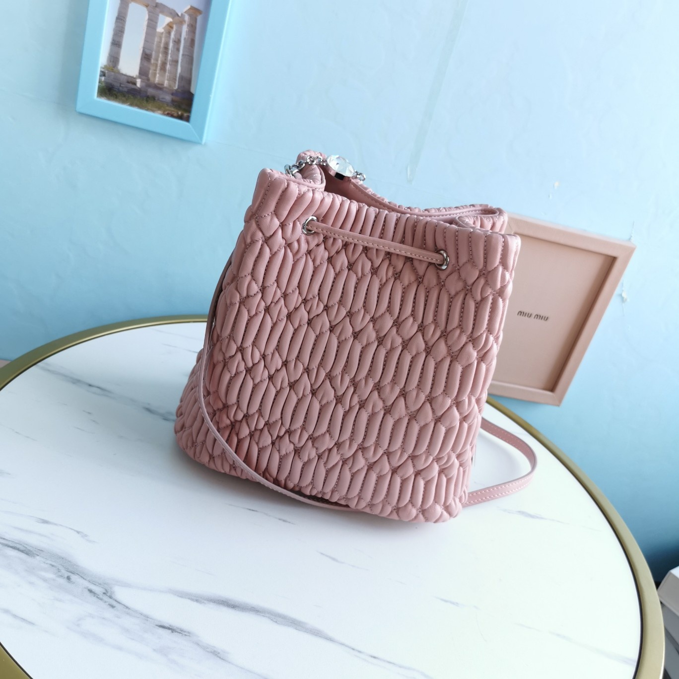 M1um1u crystal cloquÉ nappa leather bucket bag pink 5be050 20 x 12 x 21 cm