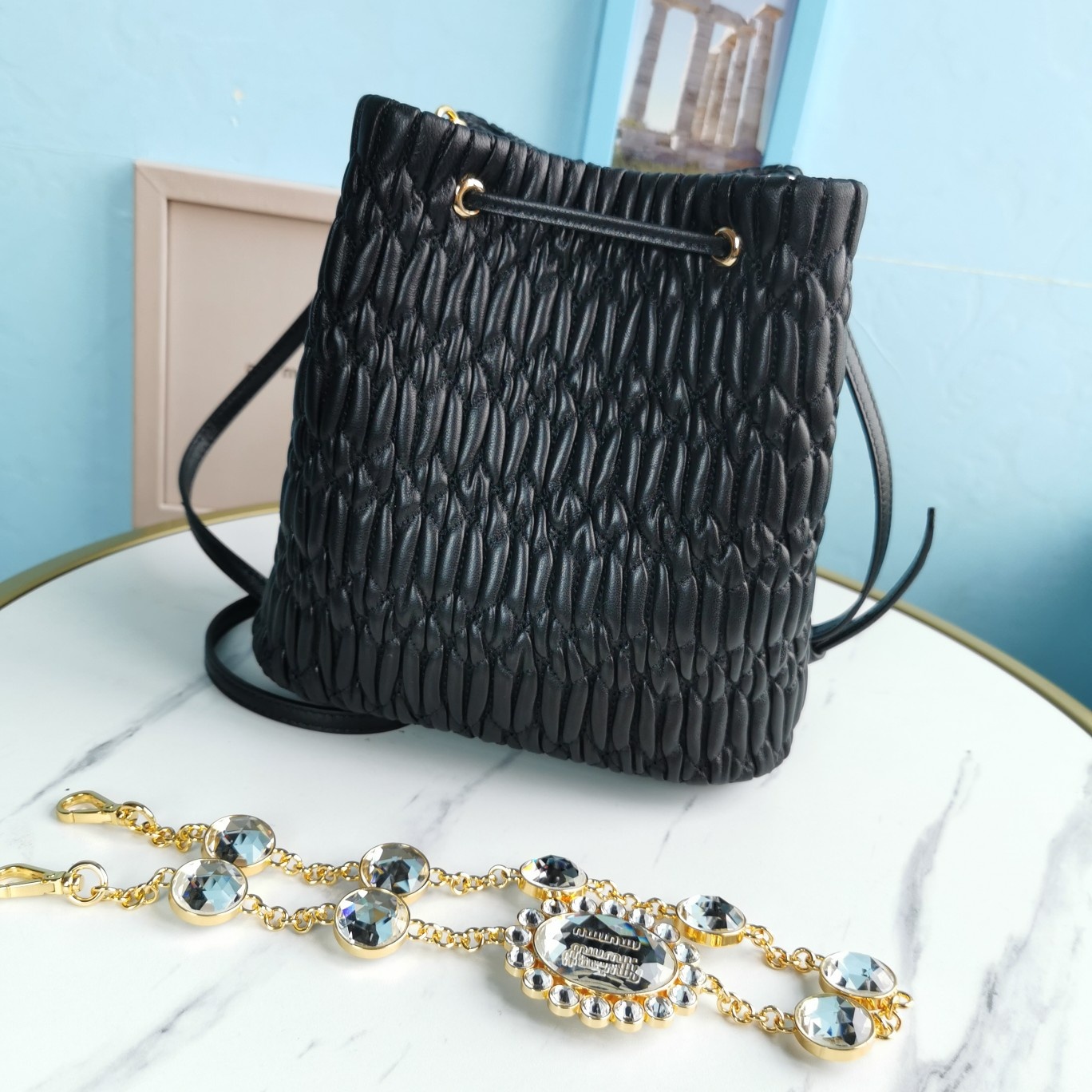 M1um1u crystal cloquÉ nappa leather bucket bag black 5be050 20 x 12 x 21 cm