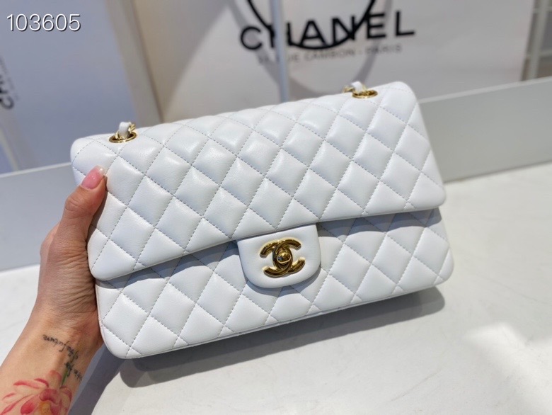 Ch**el flap bag white & golden chain a01112 25cm