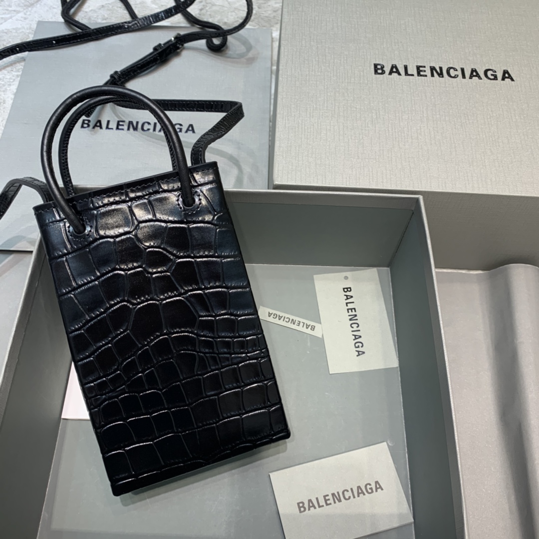 Ba1en*iaga shopping phone holder croc-effect leather bag in black 12 x 4.5 x 18 cm