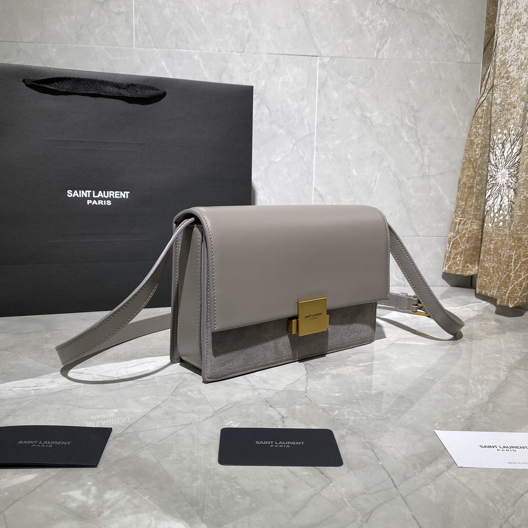 Y51 medium bellechasse in leather and suede grey and golden 482044 24 x 16 x 7 cm