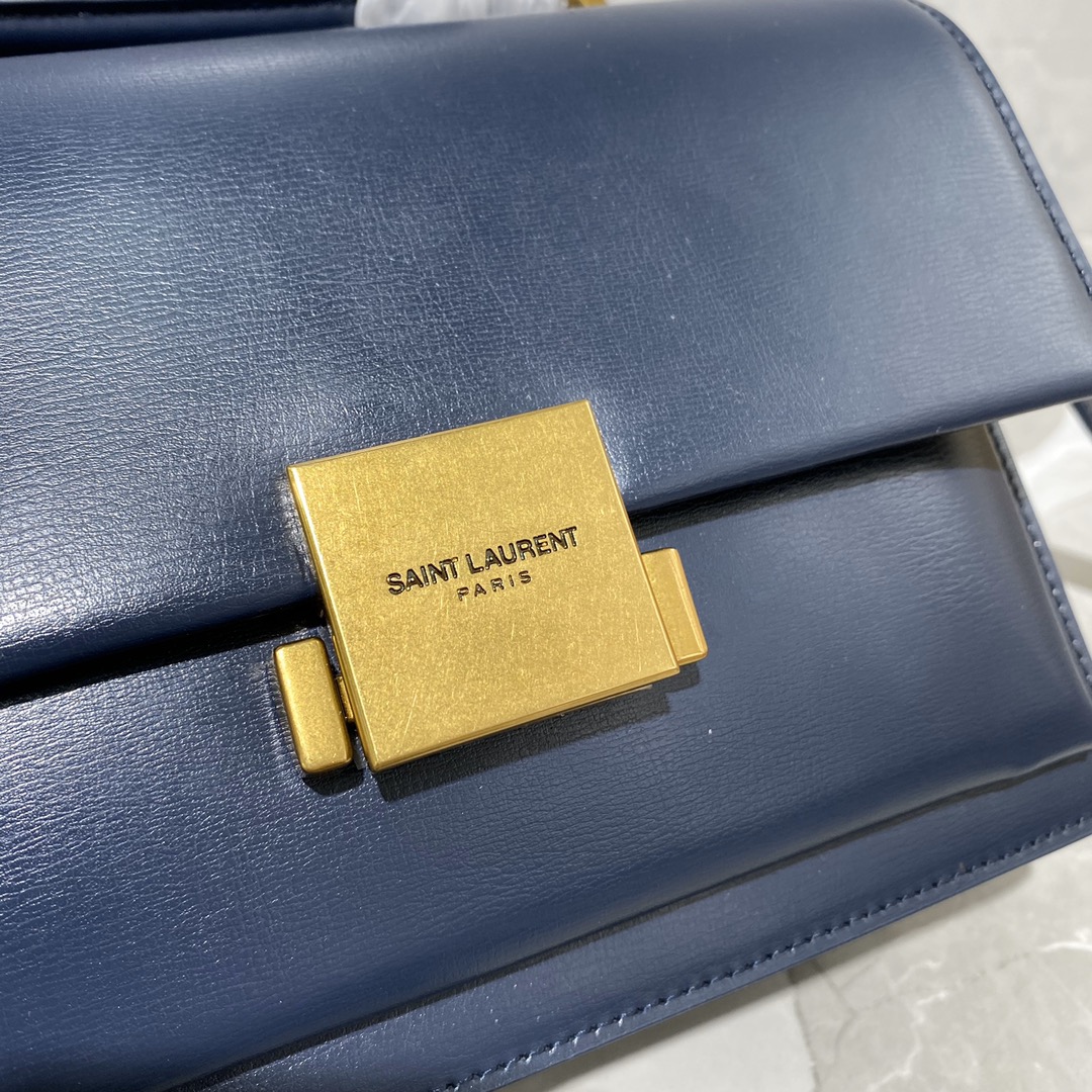 Y51 medium bellechasse in leather blue and golden 482051 22 x 16 x 9 cm