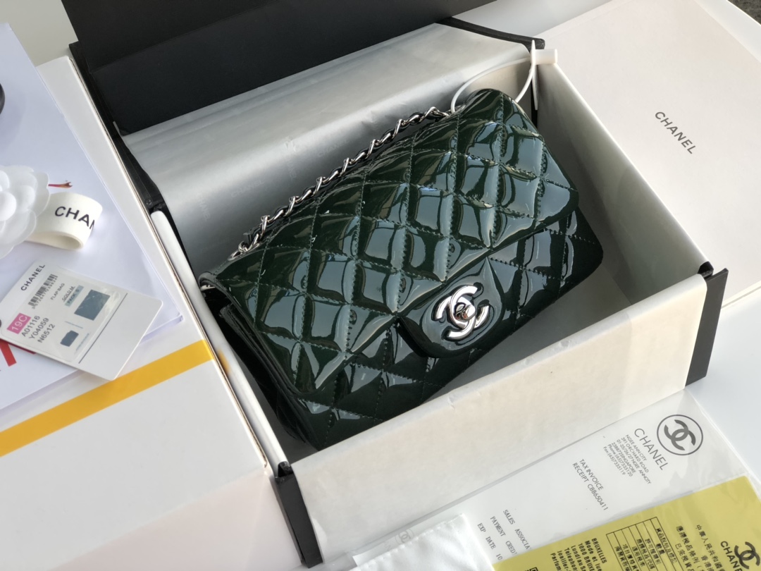 Ch**el cf mini patent calfskin & silver metal forest bag 20cm