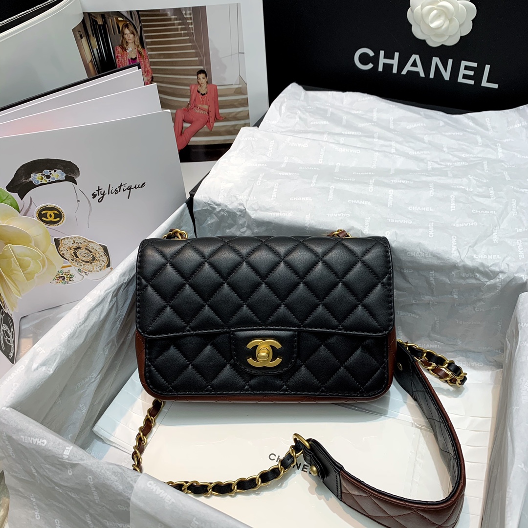 Ch**el mini strap into strap bag black and burgundy as2228 21.5 6.5 13cm