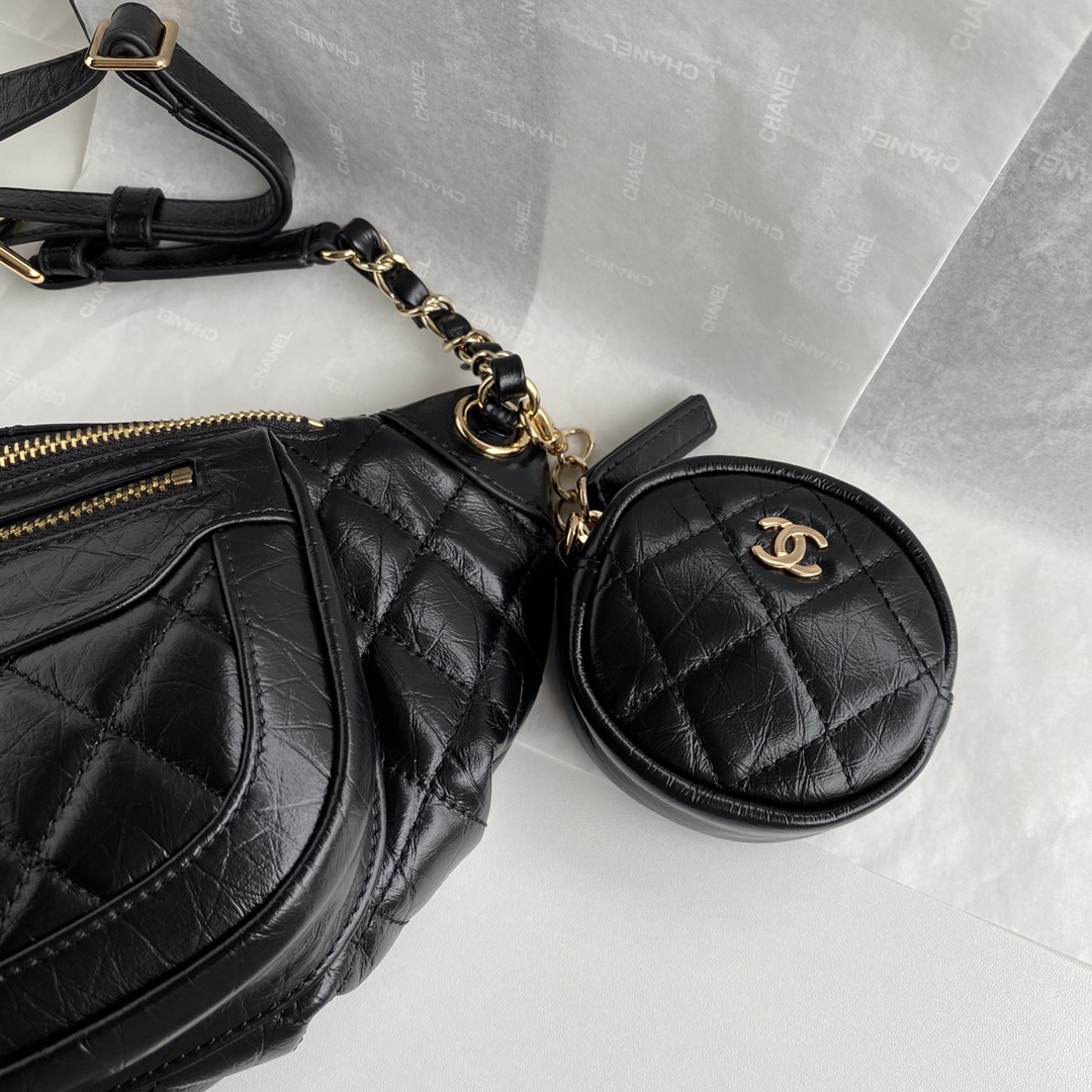 Ch**el aged calfskin waist bag & coin purses black as1077 34 x 15 x 6 cm
