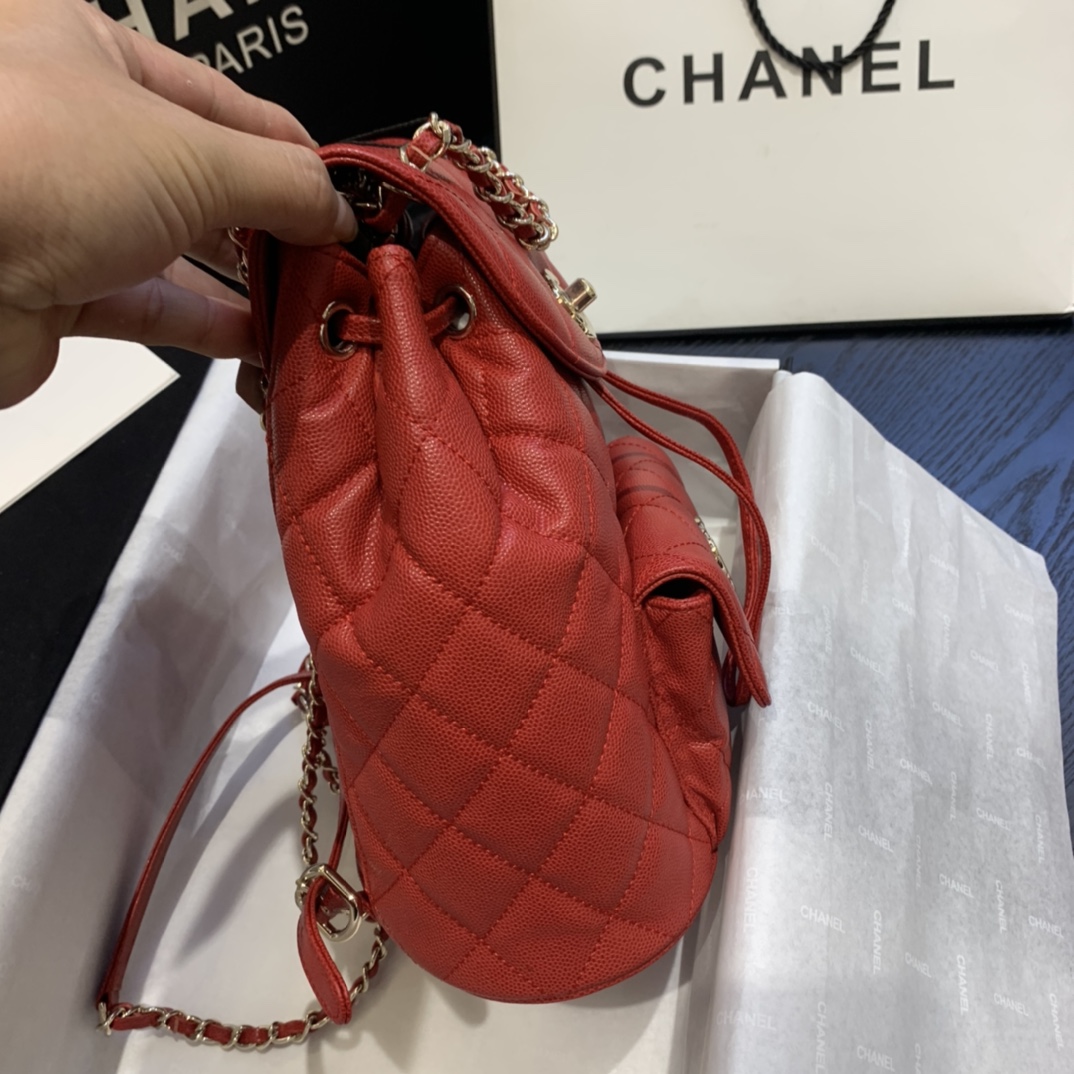 Ch**el backpack grained calfskin red as1371 21.5 x 24 x 12 cm