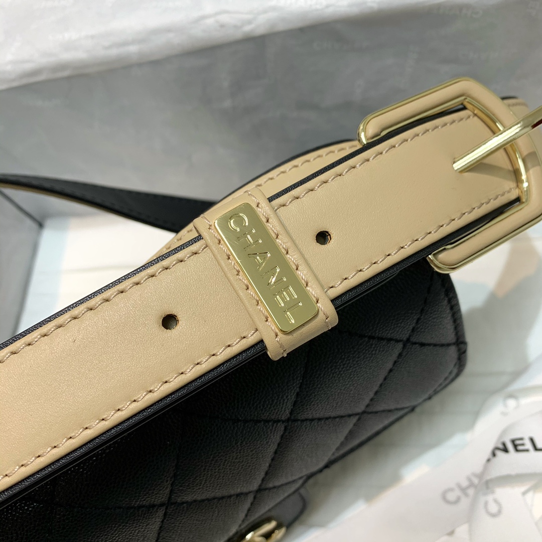 Ch**el calfskin flap bag black as2273 20cm