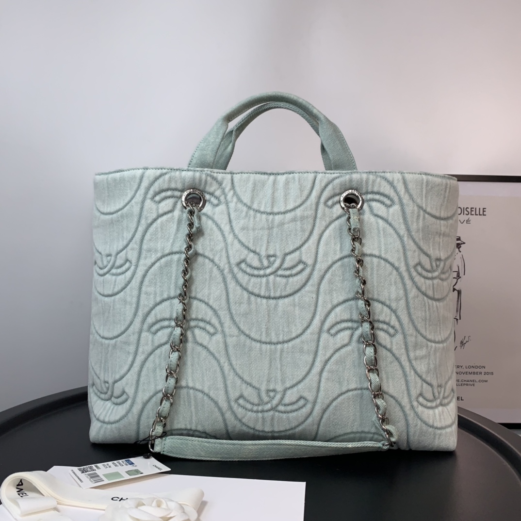 Ch**el washed denim cc wave shopping bag light green 2021 30 cm