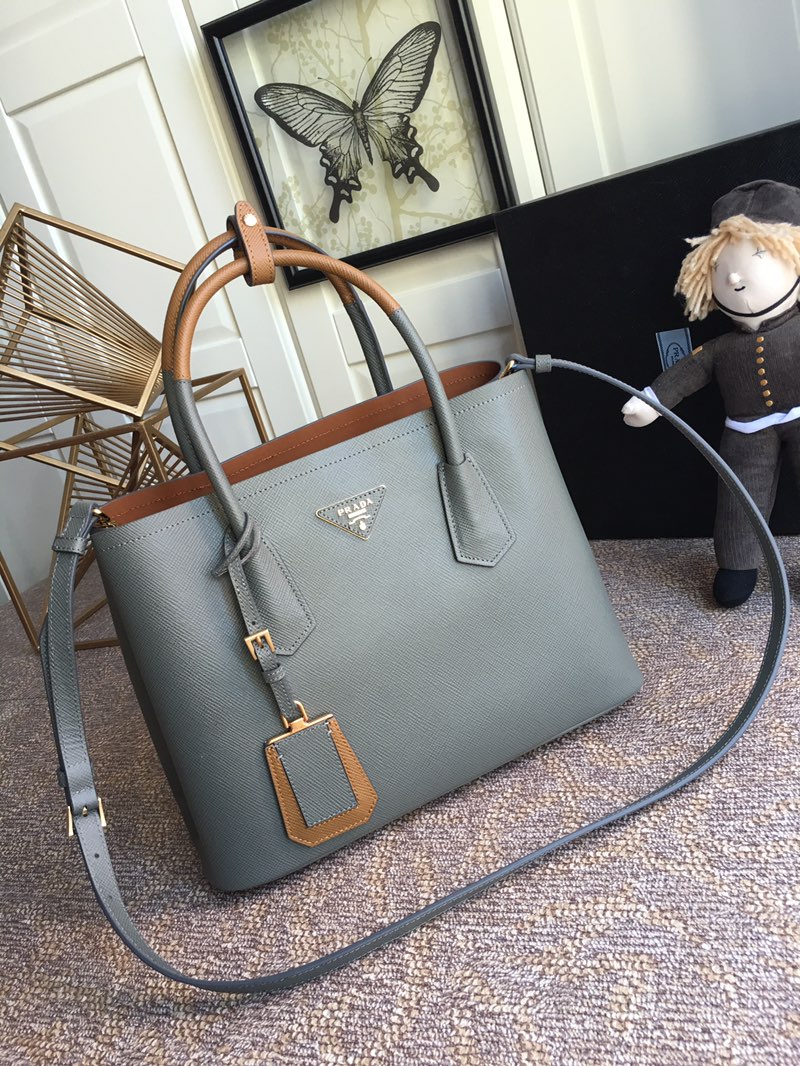 Pra*a medium saffiano leather double Pra*a bag gray and brown 1bg775 33 x 24.5 x 14 cm