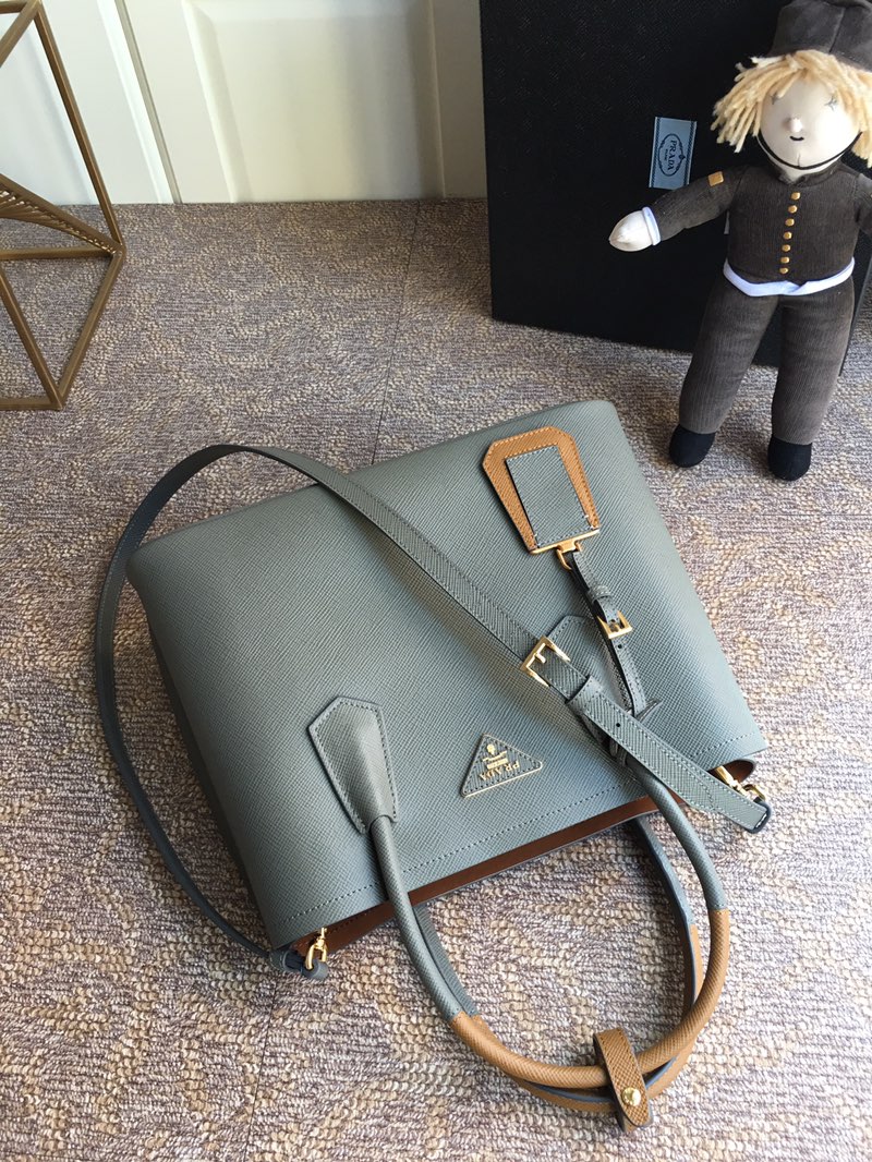 Pra*a medium saffiano leather double Pra*a bag gray and brown 1bg775 33 x 24.5 x 14 cm