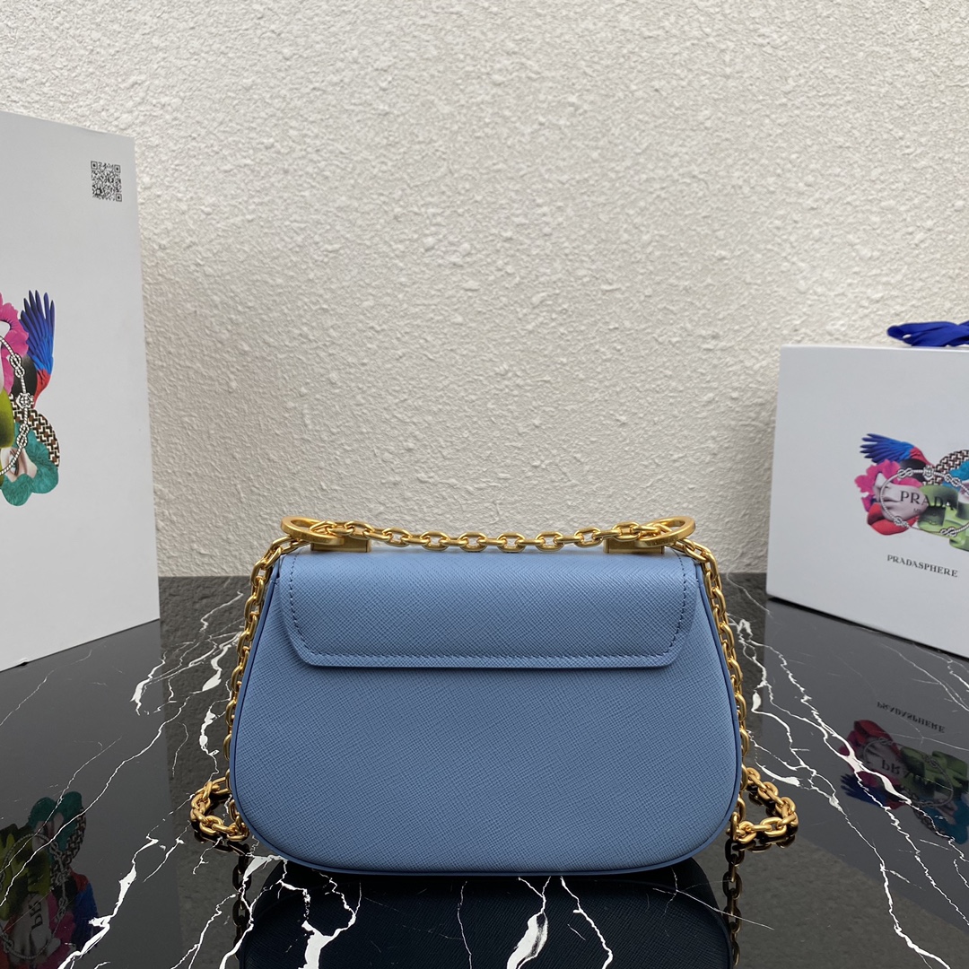 Pra*a saffiano leather shoulder bag golden metal blue 1bd275 22 x 14 x 6.5 cm