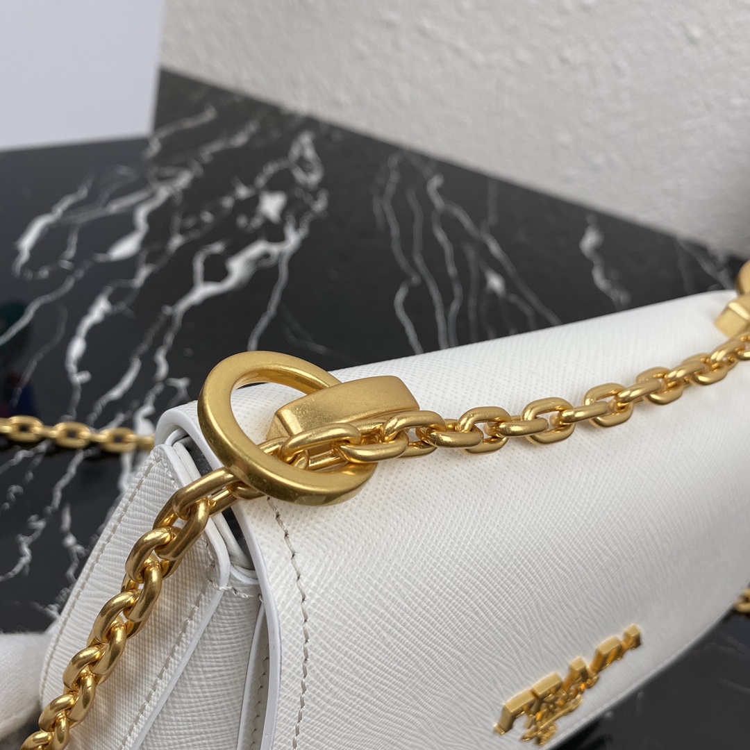 Pra*a saffiano leather shoulder bag golden metal white 1bd275 22 x 14 x 6.5 cm