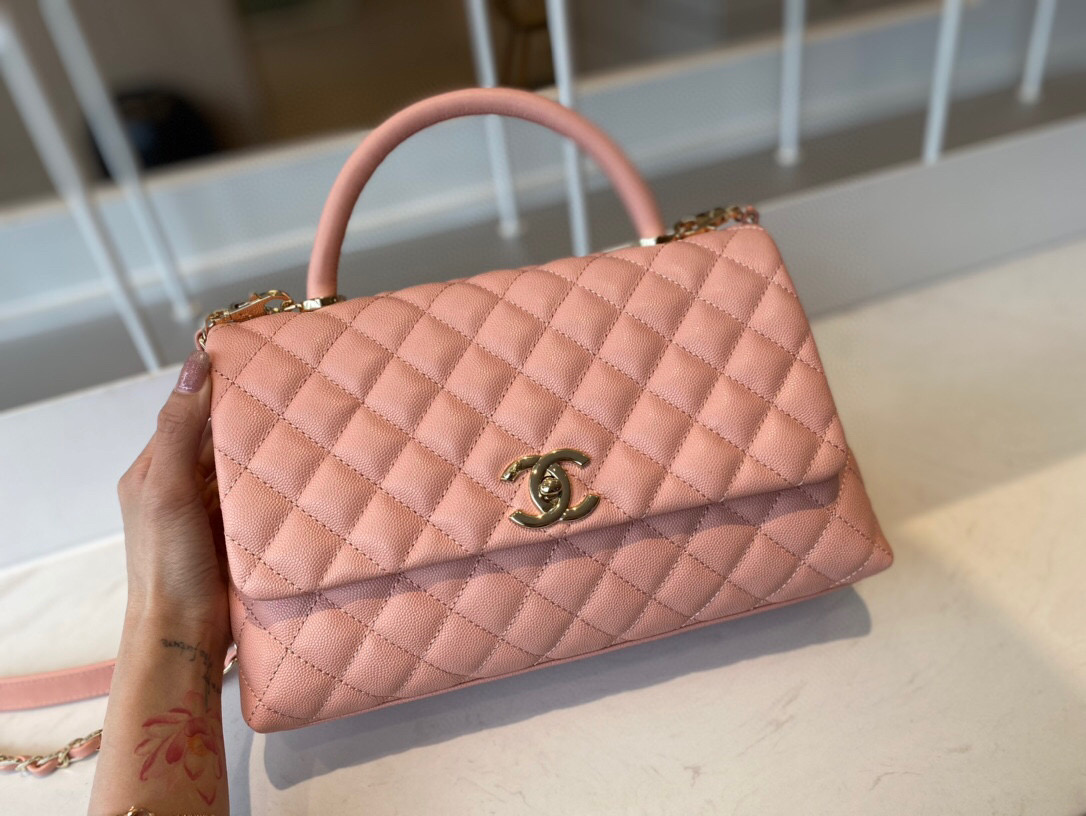 Ch**el small coco handle bag grained leather pink a92991 28 cm