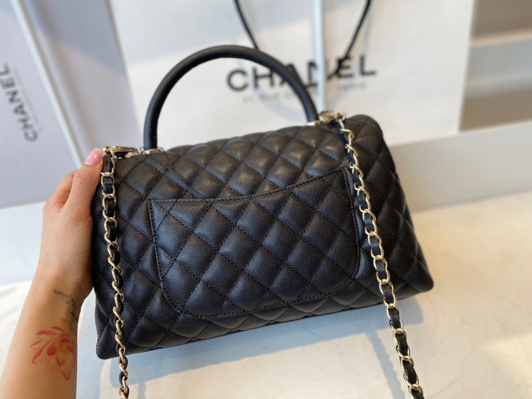 Ch**el small coco handle bag grained leather black a92991 28 cm