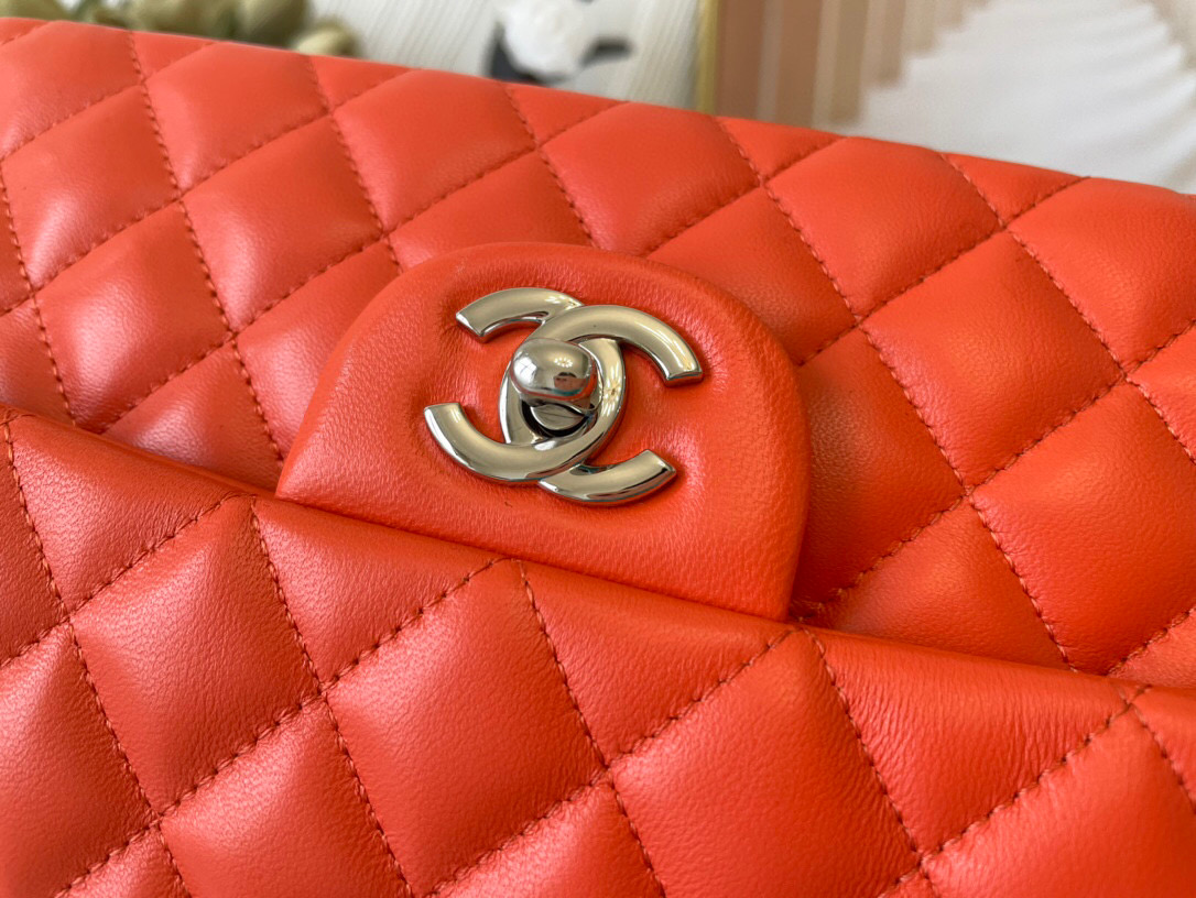 Ch**el classic double flap bag lambskin orange a01112 25.5 cm