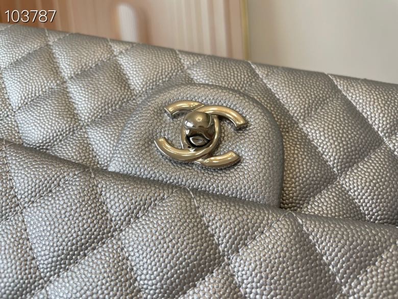 Ch**el classic flap bag light grey caviar leather sliver chain 25.5cm