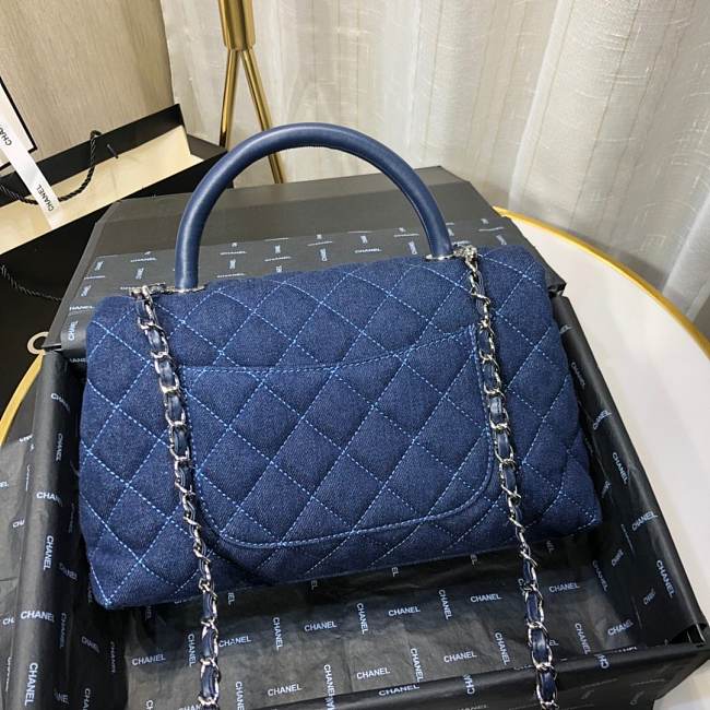 Ch**el small coco grained calfskin with top handle flap bag denim a92991 28.5 x 18.25 x 11.75 cm