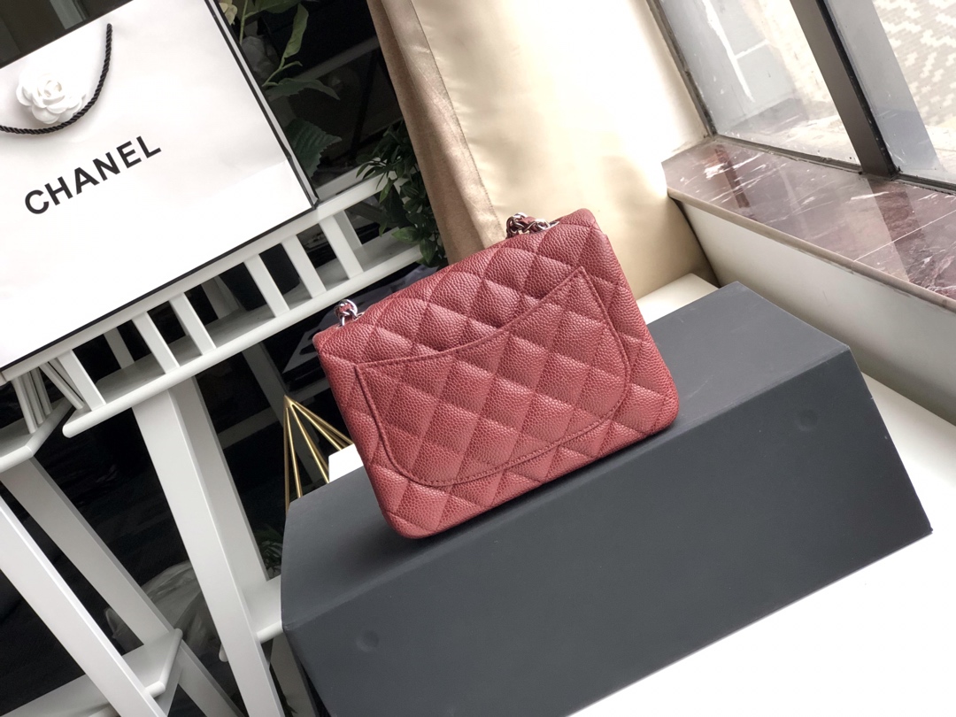 Ch**el mini flap bag caviar silver metal burgundy a35200 17cm