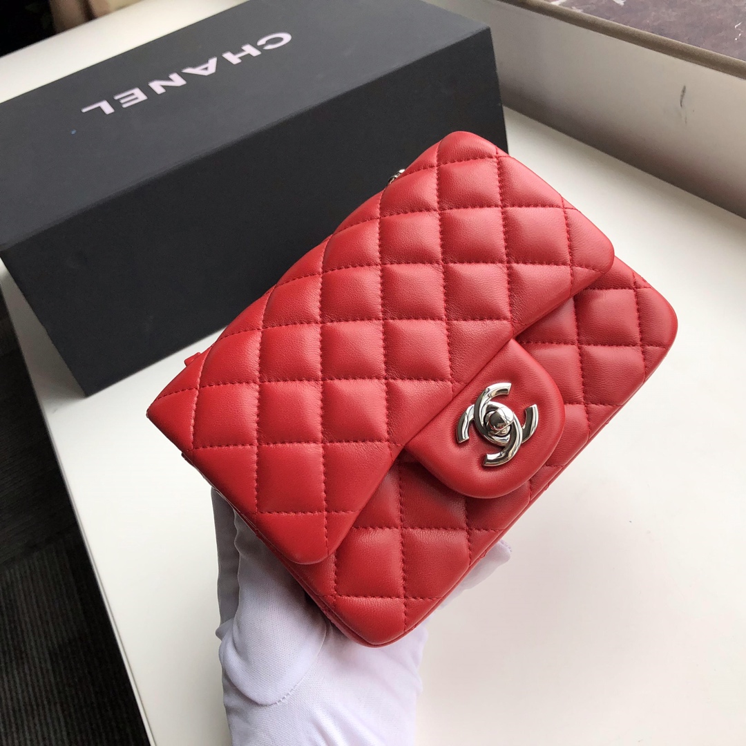 Ch**el mini flap bag lambskin silver metal red a35200 17cm
