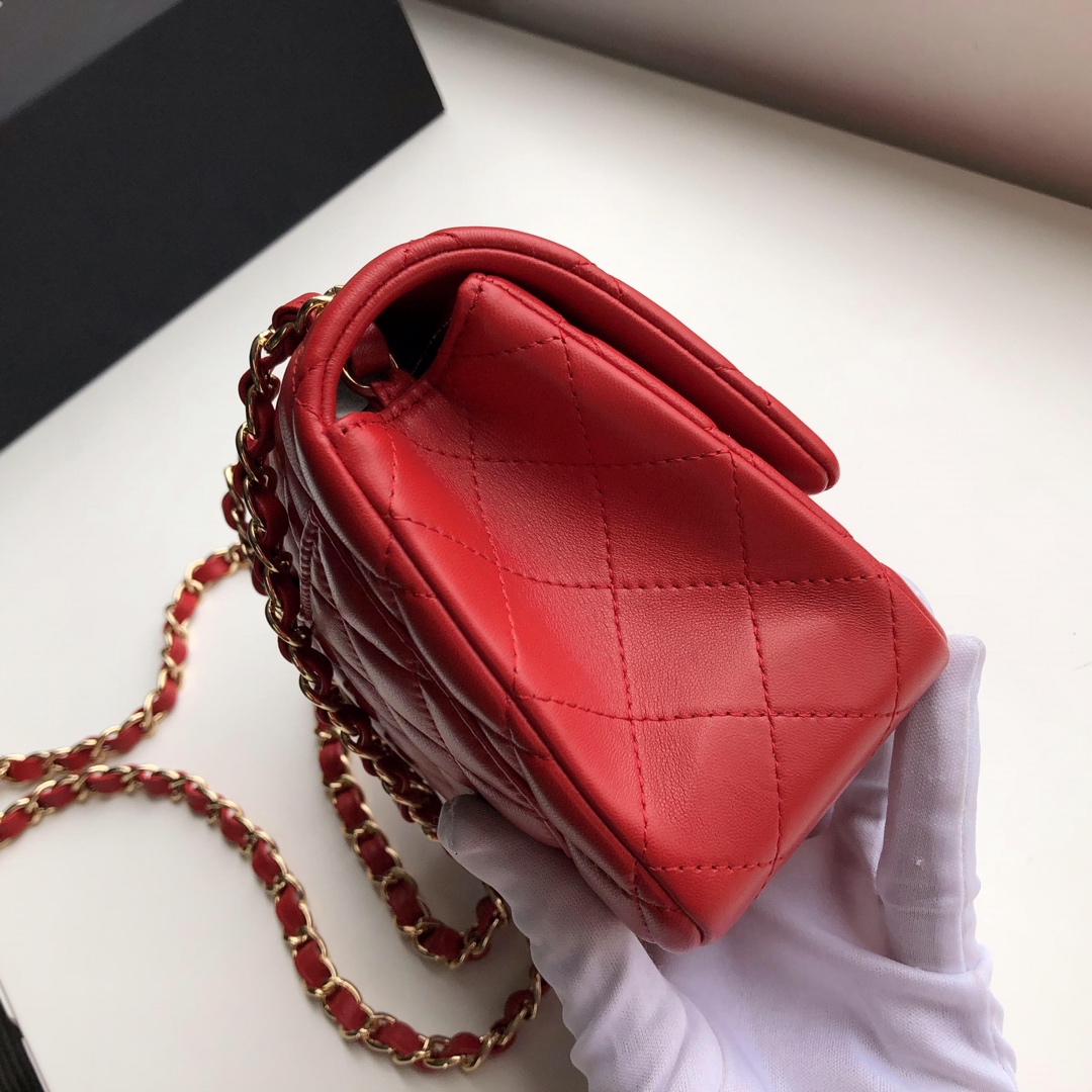Ch**el mini flap bag lambskin golden metal red a35200 17cm