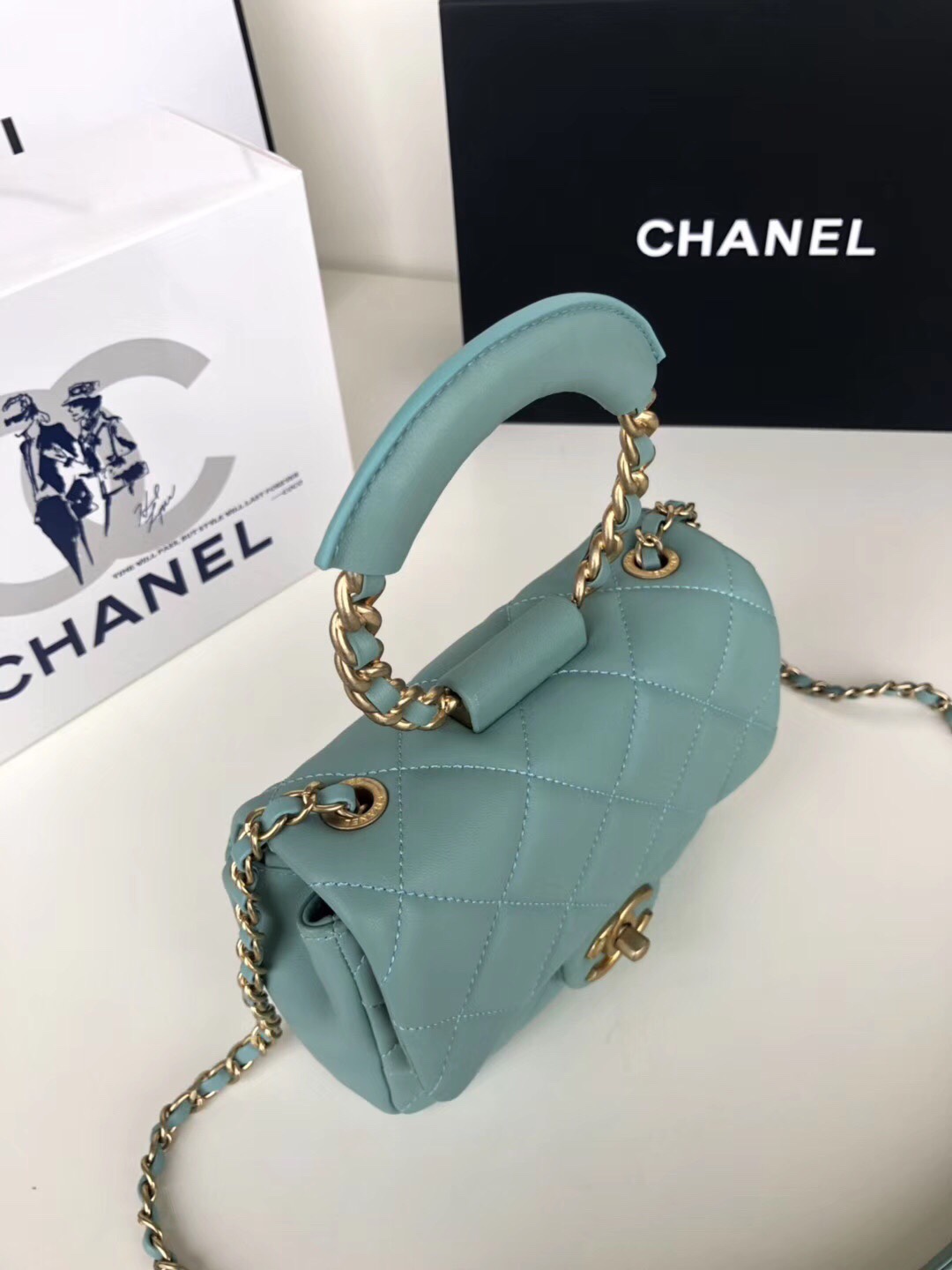 Ch**el small circular handle bag lambskin blue as1357 20 x 18 x 7.5 cm
