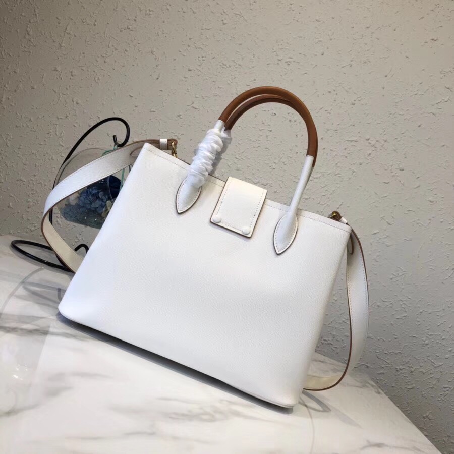 Pra*a top handle tote bag leather white/brown 1bg148 33 × 24 × 14.5 cm