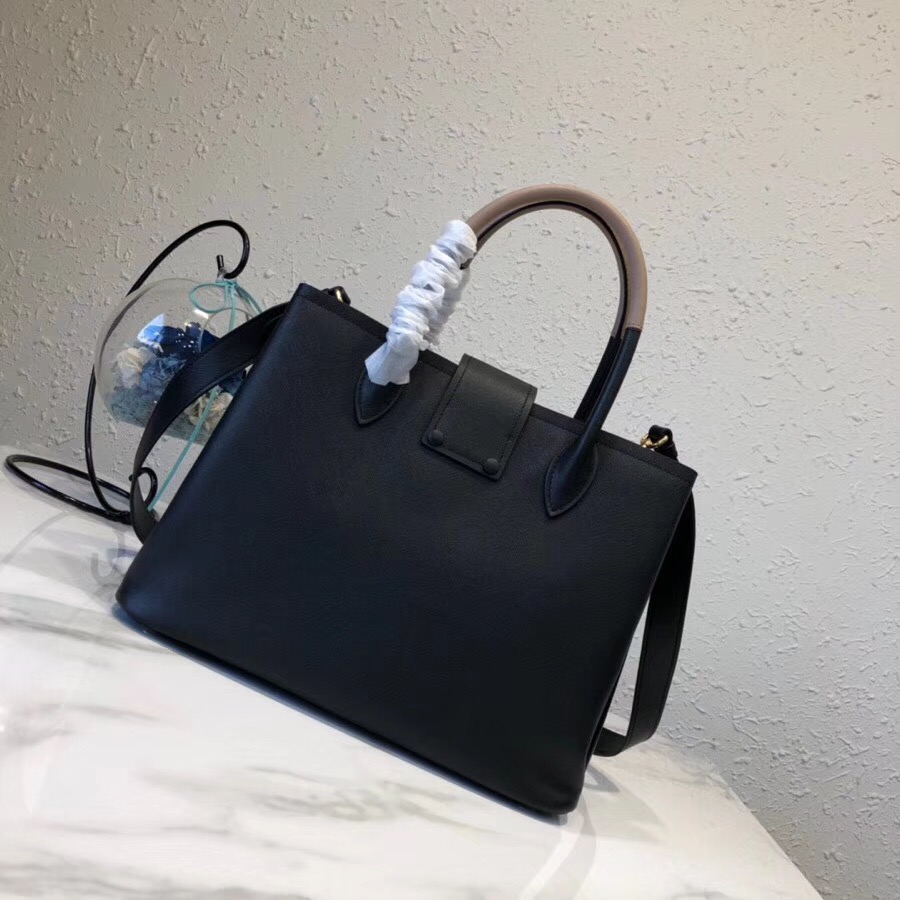 Pra*a top handle tote bag leather black/beige 1bg148 33 × 24 × 14.5 cm