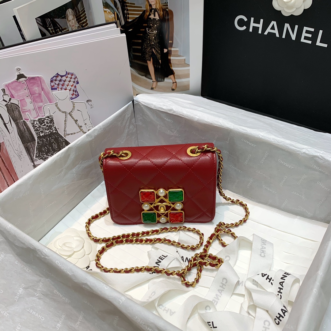 Ch**el small calfskin crystal pearls flap bag red as2251 14.5 x 5 x 10.5 cm