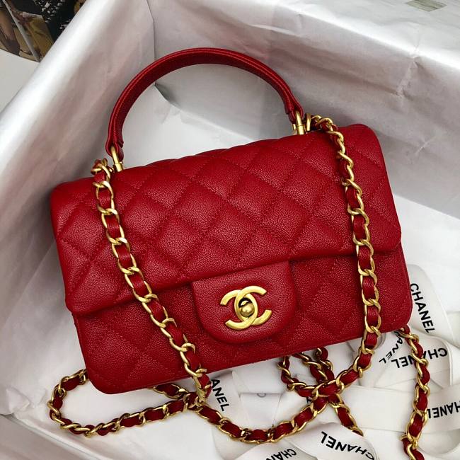 Ch**el mini flap bag with top handle grained calfskin red as2431 20 x 14 x 7 cm