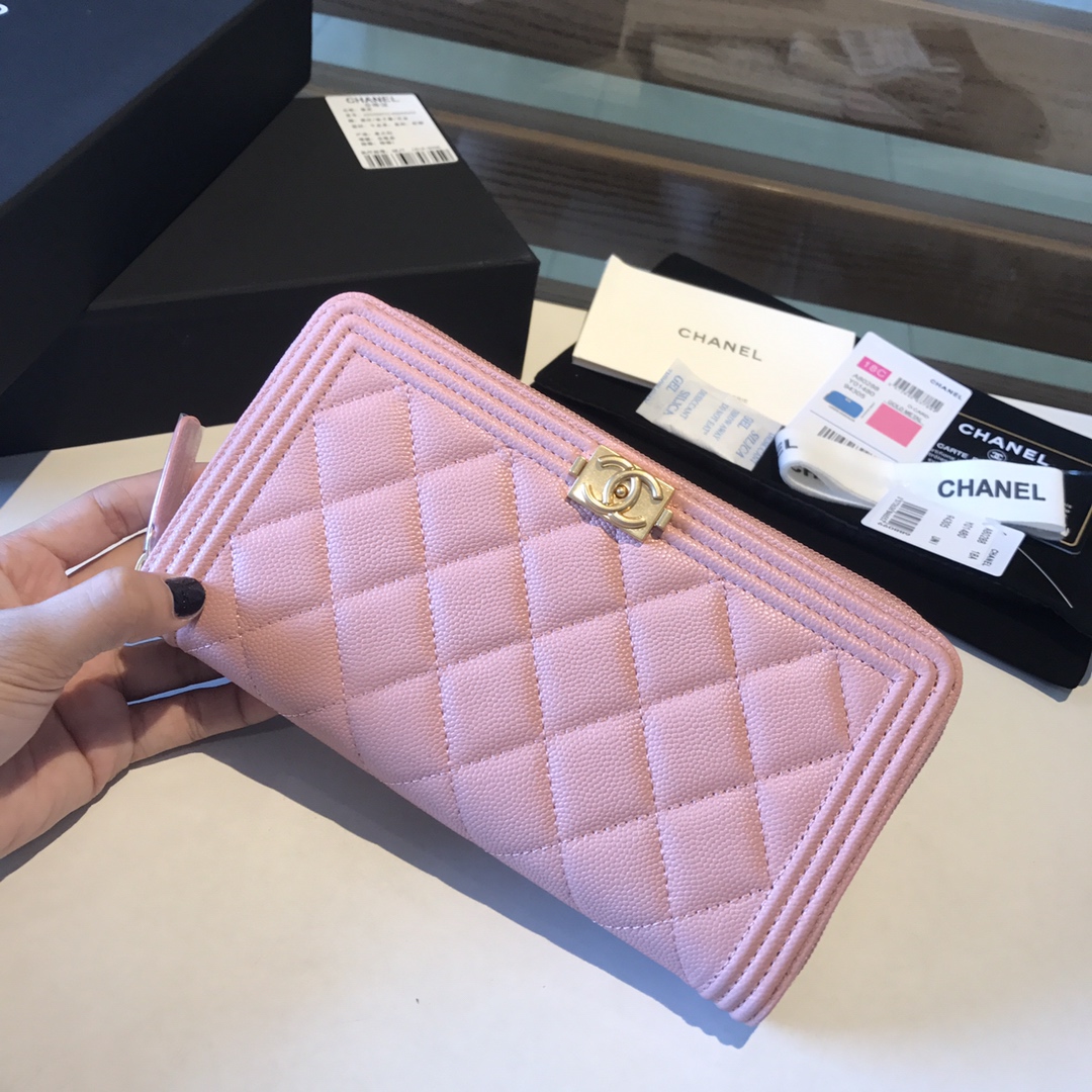 Ch**el boy long zipped wallet grained leather powder pink a80815 19cm