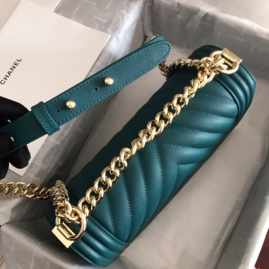 Ch**el medium boy bag chevron gold-tone metal grained leather teal a67086 25cm