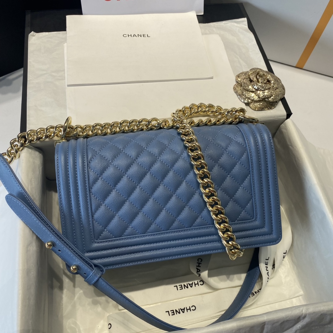 Ch**el medium boy bag classic gold-tone metal grained leather sky blue a67086 25cm