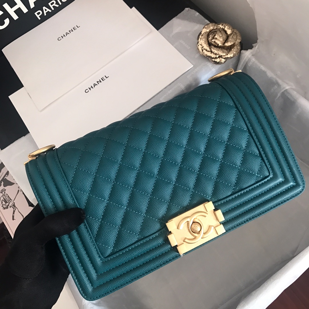 Ch**el medium boy bag classic gold-tone metal grained leather teal a67086 25cm