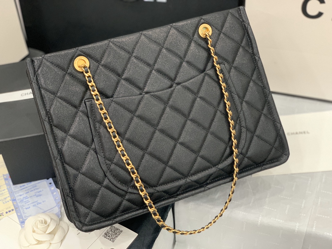 Ch**el large shopping bag grained leather black as2360 23 x 35.5 x 9.5 cm