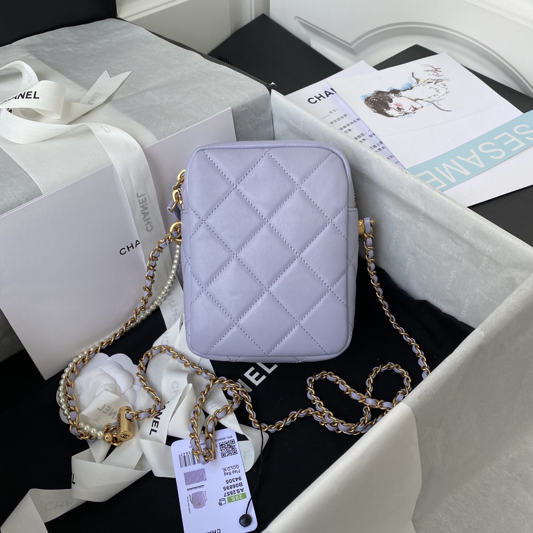 Ch**el mini camera case leather light purple as2857 16 x 12 x 6 cm